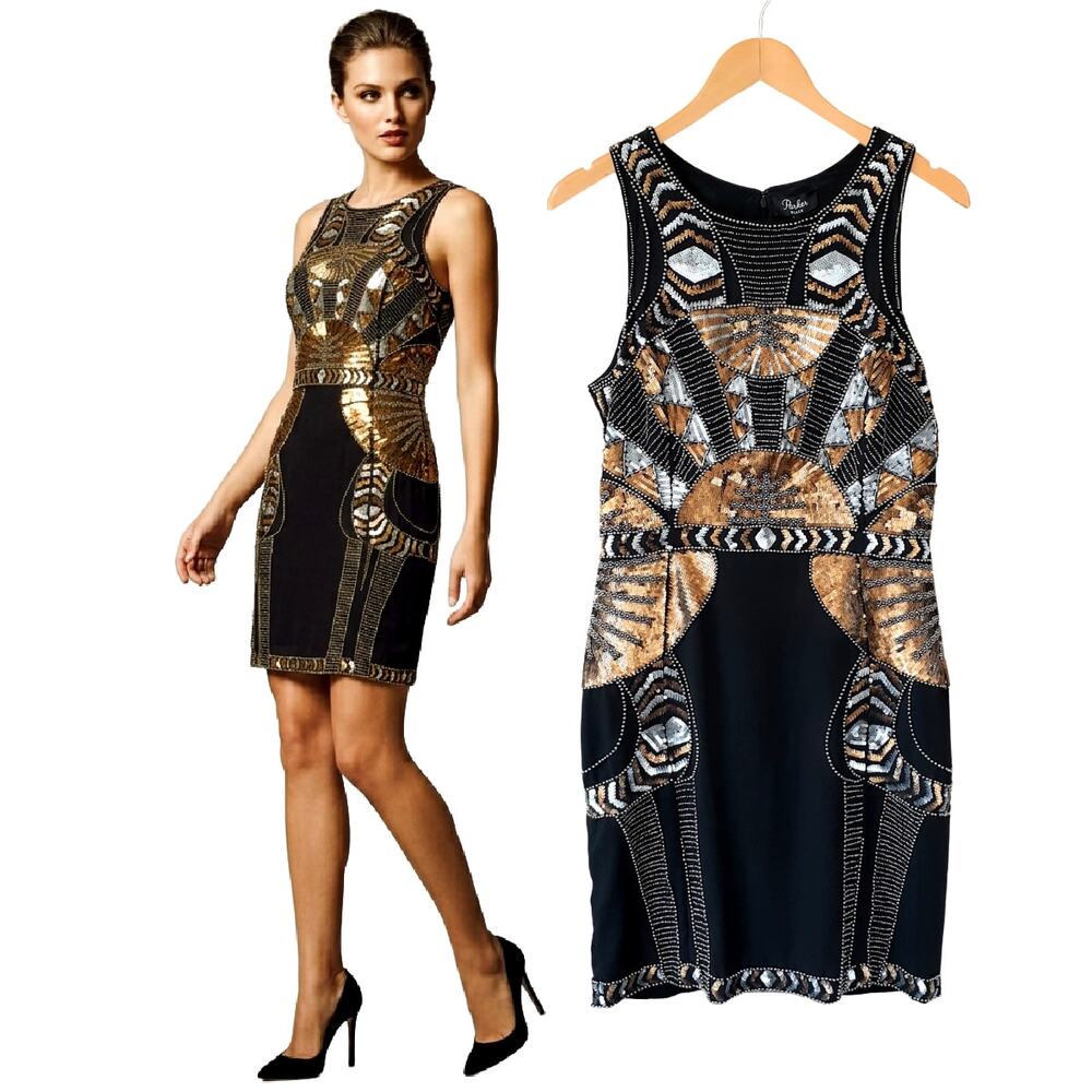 NEW Parker Black Beaded Sequin Deco Cocktail Dress Sz 10 Gatsby Flapper Party